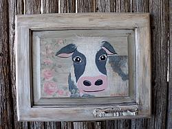 Hand Painted  Farmhouse Cow and Rose Cabinet Door