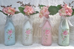 Four Adorable Hand Painted Shabby Cottage Upcycled Bottles